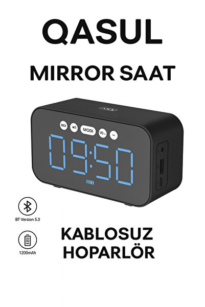 qasul Dijital Ayna Ekranlı Bluetooth Hoparlör ve Çalar Saat – 1200mAh Şarjlı
