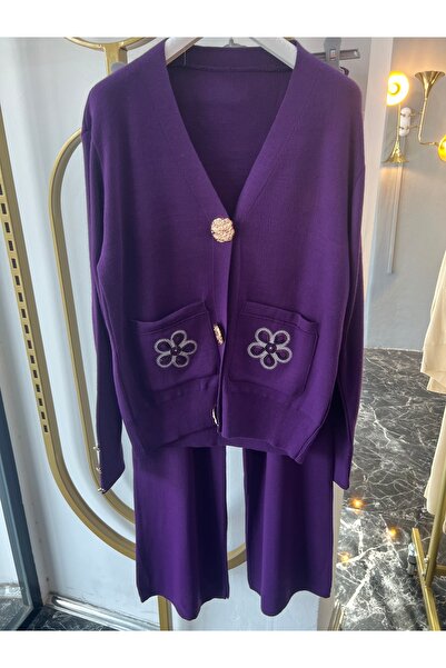 MY QILAM Women's Hijab Set Floral Embroidered Gold Button Knitwear Bottom and Top Set Purple