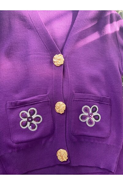 MY QILAM Women's Hijab Set Floral Embroidered Gold Button Knitwear Bottom and Top Set Purple