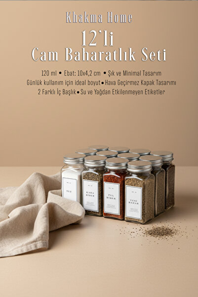 KHAKMA طقم توابل زجاجي مكون من 12 قطعة |   120 مل |   غطاء فضي مع ملصق أبيض |   تصميم بسيط
