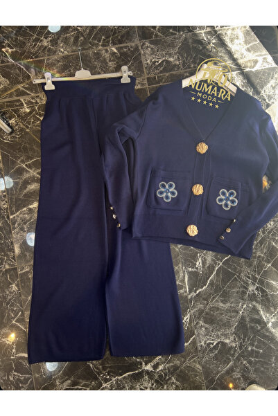 MY QILAM Жіночий комплект одягу з вишивкою у вигляді квітів, золотими ґудзиками, трикотажний комплект верх і низ, синій