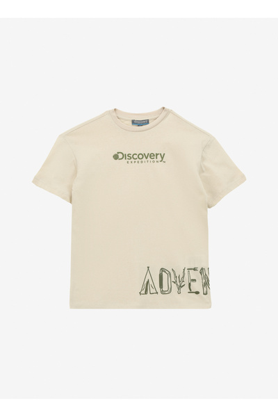 Discovery Expedition Bej Erkek Çocuk Bisiklet Yaka Oversize Baskılı T-Shirt D...