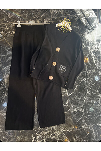 MY QILAM Women's Hijab Set Floral Embroidered Gold Button Knitwear Bottom and Top Set Black