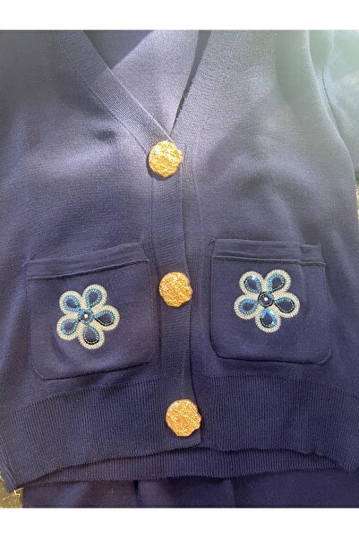 MY QILAM Жіночий комплект одягу з вишивкою у вигляді квітів, золотими ґудзиками, трикотажний комплект верх і низ, синій