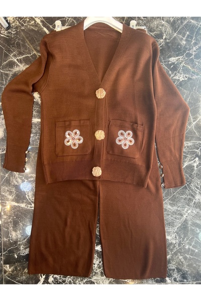 MY QILAM Women's Hijab Set Floral Embroidered Gold Button Knitwear Top and Bottom Set Brown