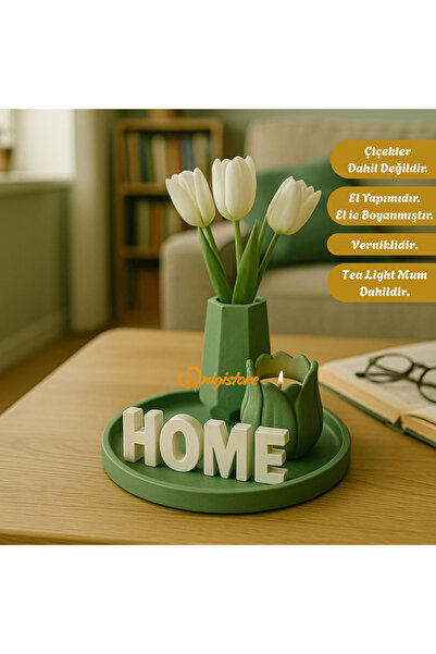 Nigistore Home Yazılı Vazolu Mumlu Dekoratif Set - Tepsi, Vazo, Lale Mumluk V...