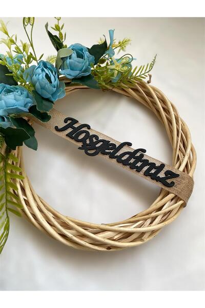 MACROMEKİDS Mavi Gül Detaylı Bambu Çelenk Kapı Süsü -Yeni Ev Hediyesi-Rustik Dekor-El Yapımı