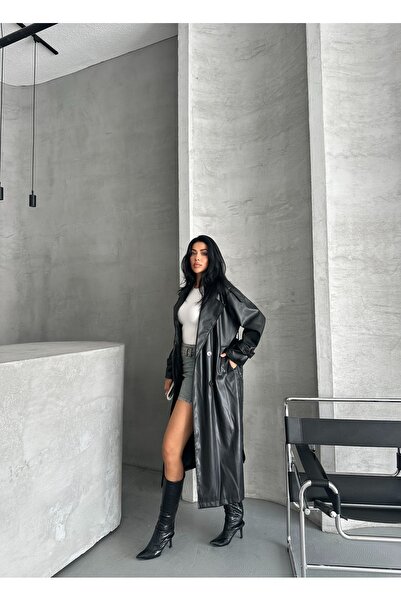 MEECY Women's Belted Long Leather Coat