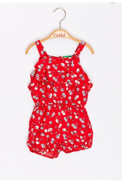 SUMMERBABE Girl's Red Strap Cherry Patterned Robe Ruffle Woven Shorts Jumpsuit IND999896