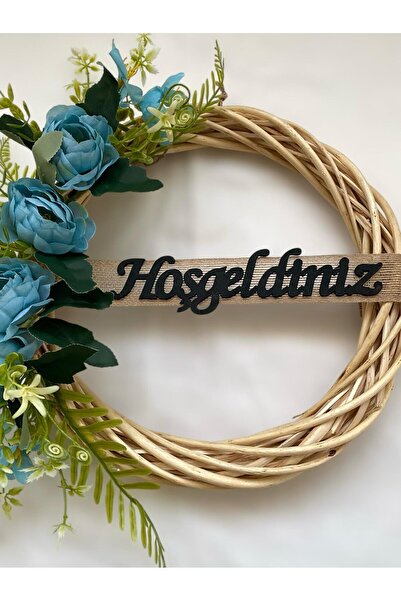 MACROMEKİDS Mavi Gül Detaylı Bambu Çelenk Kapı Süsü -Yeni Ev Hediyesi-Rustik Dekor-El Yapımı
