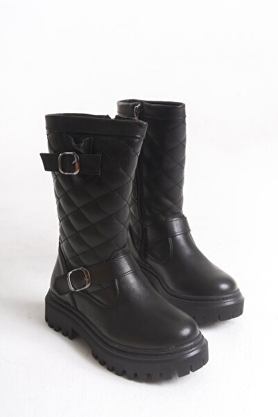 Moda Lime Girl's Long Quilted Zippered Buckle Detail Waterproof Thick Flexible Comfortable Sole Winter Boots