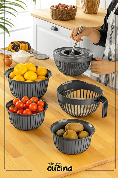 Stile Cucina 5 Piece Linea Multi-Purpose Dowry Set Anthracite 1X (Mixer Bowl 3Lt) (3 Size Bowls) 1X (Rice Strainer 3Lt)