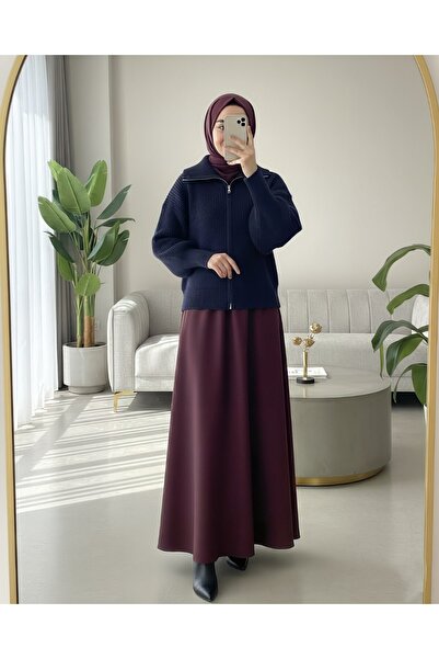 Modamorfo Half-Thigh Zippered Knit Cardigan - Navy