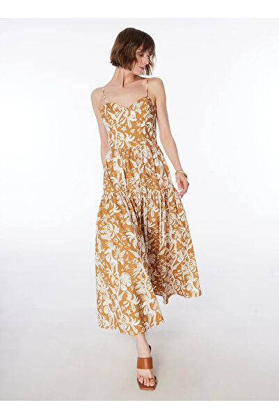 Fabrika Kahverengi - Beyaz Kadın Straplez Elbise F4SL-ELB0811