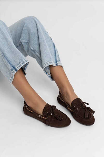 NİŞANTAŞI SHOES Fisher Brown Genuine Suede Flat Sole Bead Detail Women's Ballerina Shoes