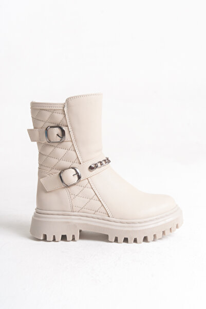 Moda Lime Girl's Quilted Zippered Chain and Buckle Detailed Waterproof Flexible Comfortable Sole Winter Boots