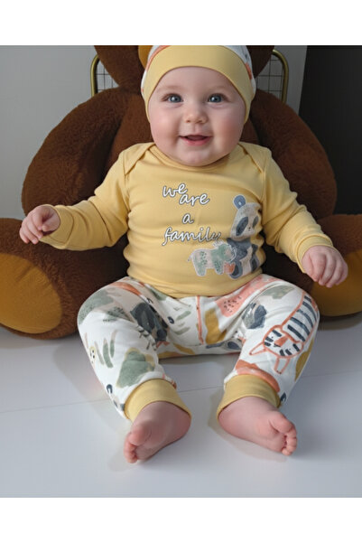 Miniworld Erkek-Kız Bebek Omuz Genişletmeli Çıtçıtlı Body Pijama Bere Takımı, %100 Pamuk , Modern Tasarım