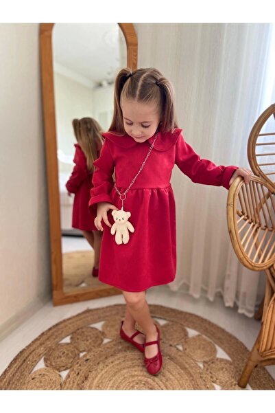 DUDOR KİDS Red Suede Girl's Dress and Teddy Bear Accessories (New Year'S-New Year'S-New Year'S-New Year's Eve)