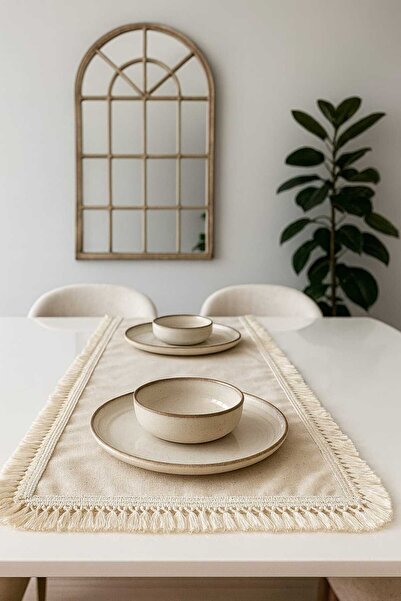 HOME ART ATELIER hand made İşleme Şerit Kenar Vintage Keten Runner - 40x110- Premium Keten Seri