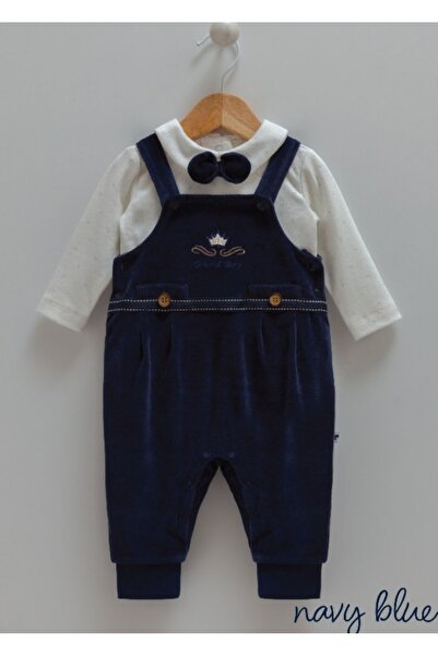 karamel Erkek Bebek Papyon Detaylı Kadife 2' li Salopet Takım