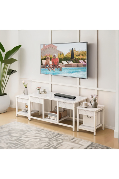 AGD 3-Piece Stackable Nesting Coffee Tables, TV Side Tables for Living Room/White Marble Color