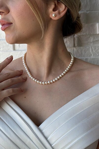 Birinci 14 Ayar Altın 8 mm Sıralı Doğal İnci Kolye