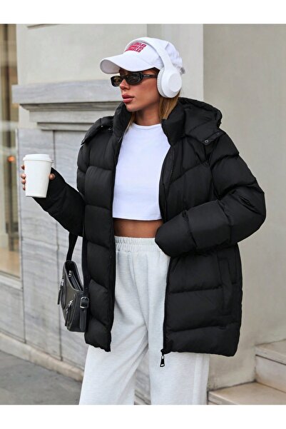 EMİRA LİFE Φουσκωτό παλτό με μοτίβο με κουκούλα BLACK 6620