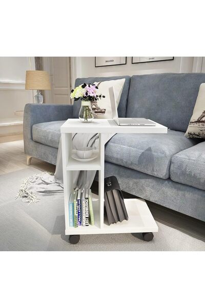 Eleva Home Wooden Rolling C-Shaped Side Table, Modern End Table with Shelves for Living Room or Home