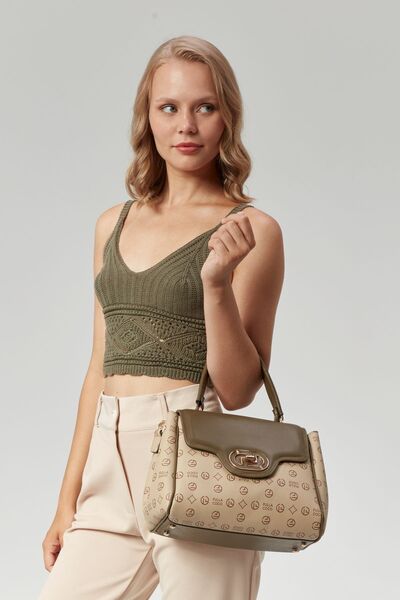 Morpelikan Monogram Patterned Women's Hand Shoulder Bag - Four Compartments and Lock Closure