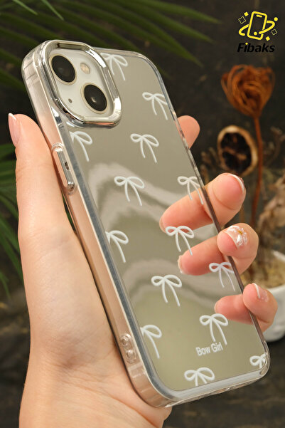 Fibaks iPhone 13 - 14 - 15 Compatible Case Mirrored Bow Girl Bow Pattern Shock Absorbing Silicone Cover