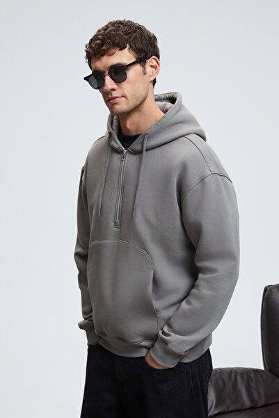 GRIMELANGE Justus Men's Hooded Kangaroo Pocket Zipper Collar Dark Gray Sweatshirt