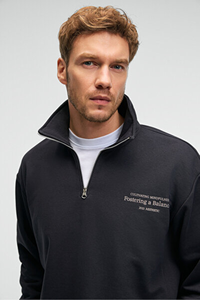 GRIMELANGE BRAM Ανδρικό φούτερ από 100% βαμβακερό γιακά με μισό φερμουάρ με στάμπα ανθρακί