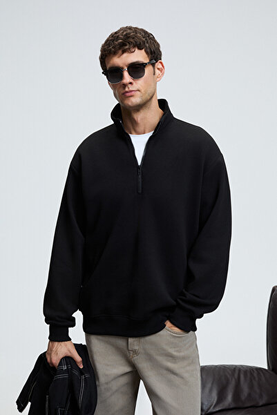 GRIMELANGE BAXTER Erkek Dik Yakalı Fermuarlı Relaxed Siyah Sweatshirt