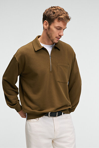 GRIMELANGE AUGUST Мъжки 100% памук, полузакопчаващ се с качулка, с джобове и декоративна етикетка, каки суитшърт