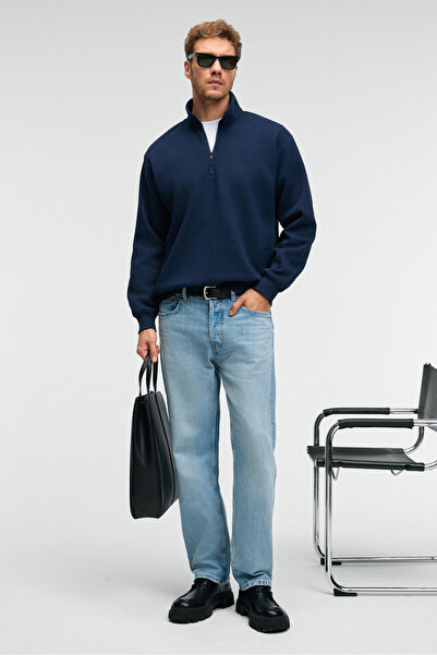 GRIMELANGE BAXTER Erkek Dik Yakalı Fermuarlı Relaxed Lacivert Sweatshirt
