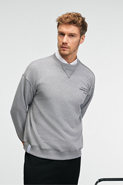 GRIMELANGE Ανδρικό φούτερ CASPIAN 100% βαμβακερό με λαιμόκοψη με ραμμένο εμπριμέ ανθρακί