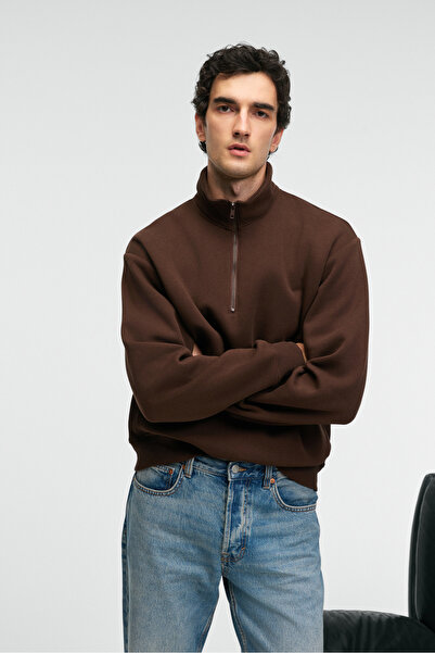 GRIMELANGE BAXTER Erkek Dik Yakalı Fermuarlı Relaxed Kahverengi Sweatshirt