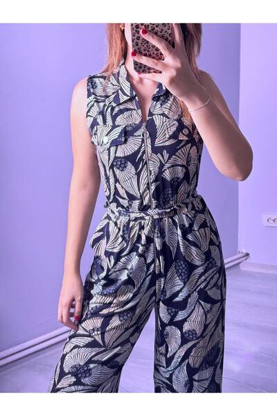 Qenz Leaf Patterned Belted Jumpsuit - Khaki