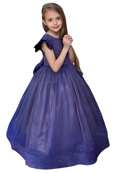 Riccotarz Kız Çocuk Omuzları Fırfır Detaylı Üzeri Simli Pırıltılı Gece Mavisi Abiye