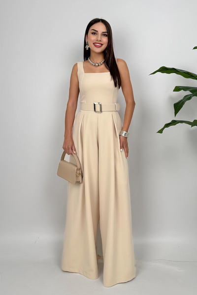 Dolcha Noir Flow Kadın Taş Kemerli Askılı Bol Paça Tulum – Zarif Şıklık