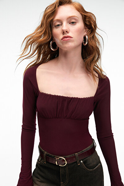 GRIMELANGE Silivra Women's Slim Fit Burgundy Blouse with Pool Collar and Stretch Fabric