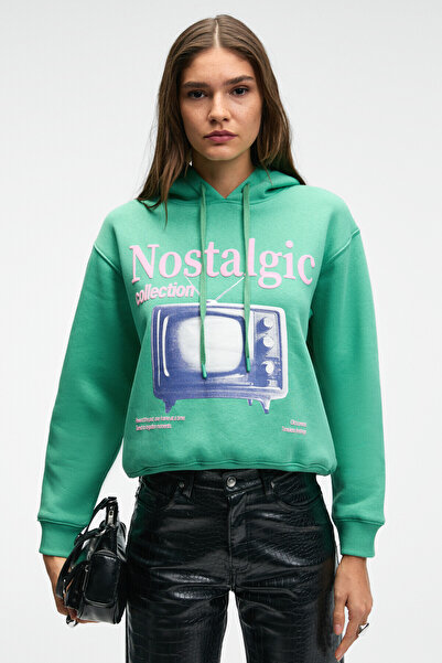 GRIMELANGE Slopane Women's Relaxed Fit Hooded Printed Green Sweatshirt