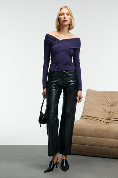 GRIMELANGE SELUNETTE Kadın Asimetrik Yakalı Omuzu Açık Esnek Kumaşlı Vücudu Saran Slim Fit Mor Bluz