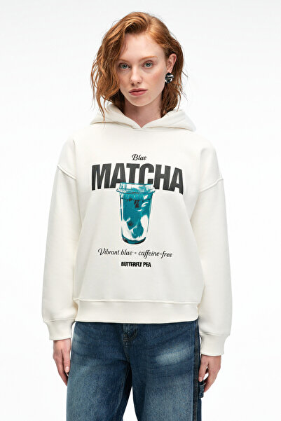 GRIMELANGE Yanmesa Women's Oversize Print and Embroidery Detailed Long Sleeve Hooded White Sweatshirt