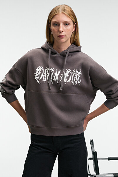 GRIMELANGE Alirayne Women's Printed Oversize Hooded Kangaroo Pocket Anthracit...