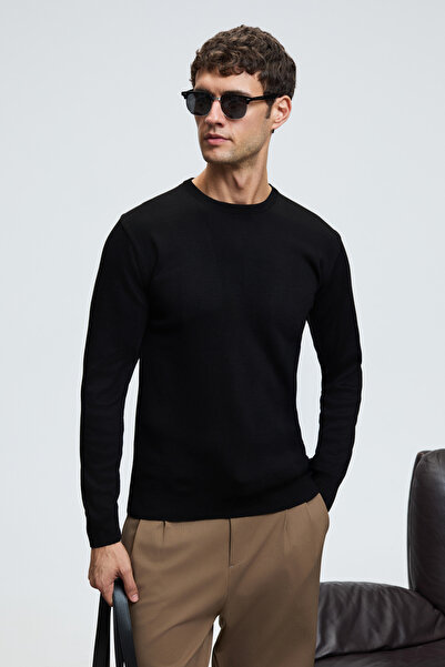 GRIMELANGE VAREX Erkek Yuvarlak Yaka Basic Slim Fit Triko Siyah Kazak
