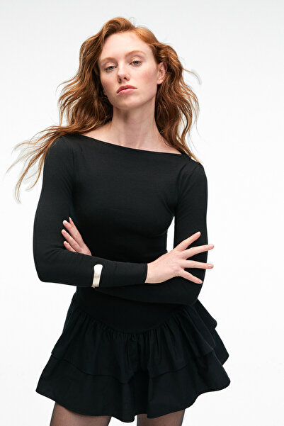 GRIMELANGE PANI TRUSEA Kadın Üstü Esnek Eteği Dokuma Kumaşlı Regular Mini Siyah Elbise