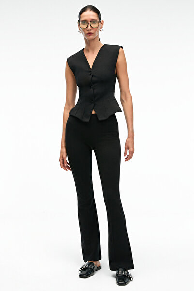 GRIMELANGE Γυναικείο ελαστικό υφασμάτινο μαύρο γιλέκο CALYSTRA με κορδόνια στο μπροστινό μέρος και κουμπιά στο πίσω μέρος