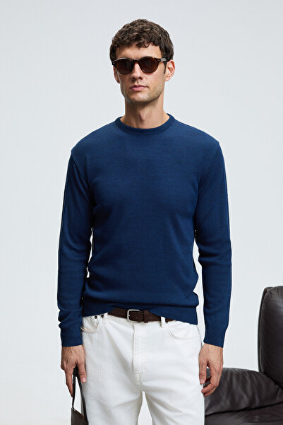 GRIMELANGE Varex Men's Round Neck Basic Slim Fit Knitwear Indigo Sweater