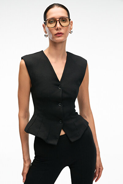 GRIMELANGE Γυναικείο ελαστικό υφασμάτινο μαύρο γιλέκο CALYSTRA με κορδόνια στο μπροστινό μέρος και κουμπιά στο πίσω μέρος
